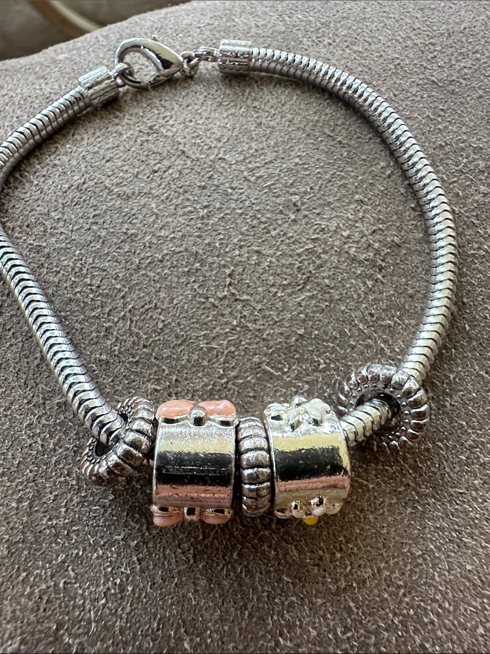 Silver Charm Bracelet with Pink and yellow Accent Beads